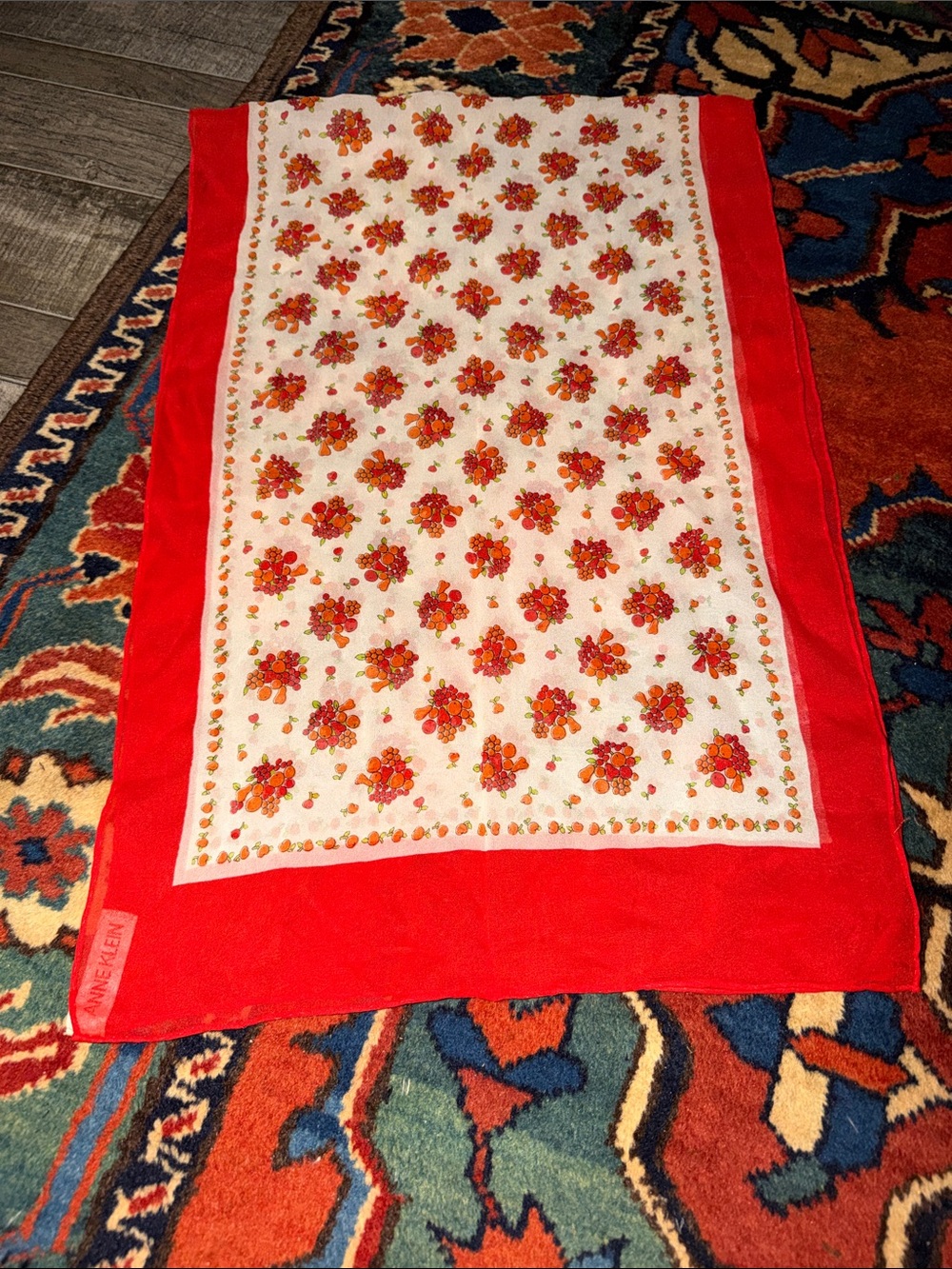 VTG Anne Klein Chiffon Silk Scarf Red Border Orange Floral Long Rectangle